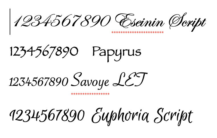 Four potential fonts for engraving the numbers on the dice.